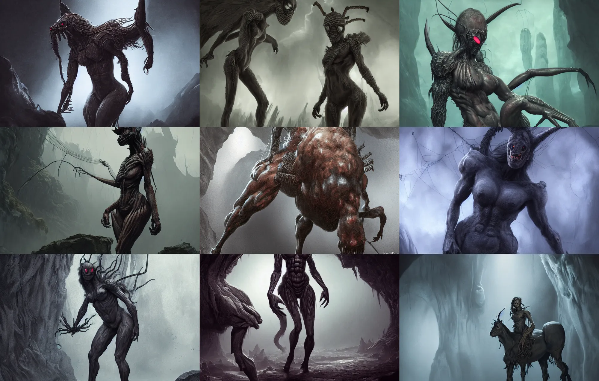 Prompt: creepy matte painting of a female centaur with eight spider legs in a dark cave wearing armor on the chest, ultra detailed, monster, half human half spider, human torso and head, spider thorax, creature design, concept art, 8 k, moody lighting, muted colors, blue tone light, dramatic lighting, realistically proportioned face