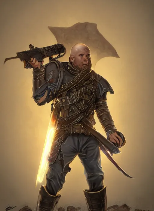 Prompt: buzzcut hair stubble male gunslinger shooter, dndbeyond, bright, realistic, dnd character portrait, full body, art by ralph horsley, dnd, rpg, lotr game design fanart by concept art, behance hd, artstation, deviantart, global illumination radiating a glowing aura global illumination ray tracing hdr render in unreal engine 5