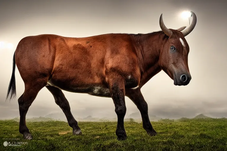 Image similar to a horse bull!!! hybrid! hyper realistic!! realistic lighting!! wildlife photographer of the year!!! bold natural colors, national geographic, hd, wide angle, 8 k