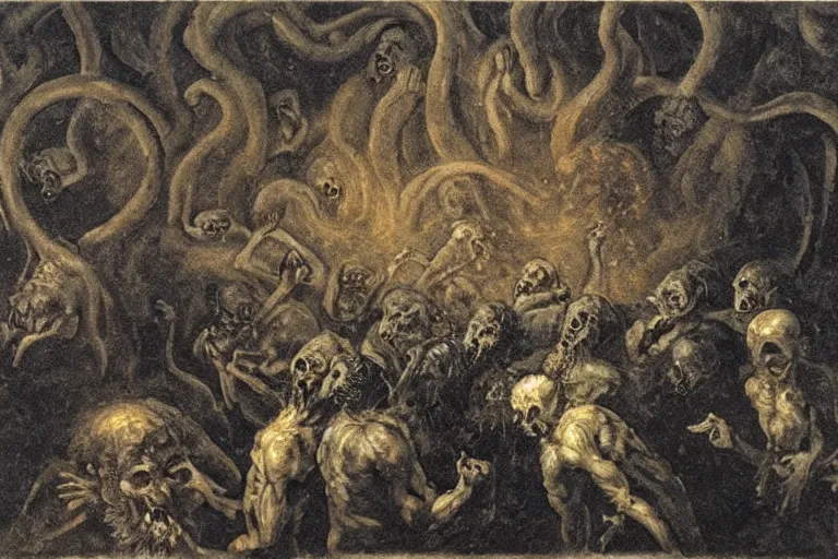 Image similar to pipe organ in hell, detailed baroque oil painting, dark, disturbing by goya and alan lee, smoke, hell on earth