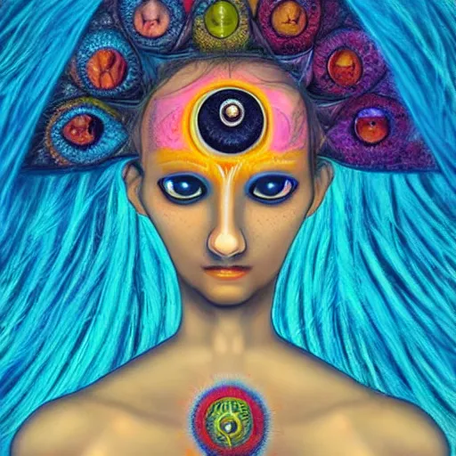 Image similar to three eyed goddess, third eye in middle of forehead, long necks, wide shot, hairy bodies, feet in water, beautiful colors, eye in forehead, pins, beautiful lighting, very detailed, eyes reflecting into eyes reflecting into infinity