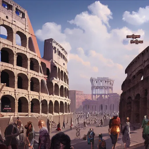 Prompt: bustling d & d city with a distant colosseum, first person street view, artstation