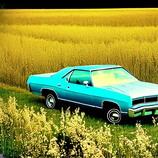 Image similar to A photograph of a beater beater beater beater beater beater beater beater beater beater beater beater beater Powder Blue Dodge Aspen (1976) in a farm field, photo taken in 1989