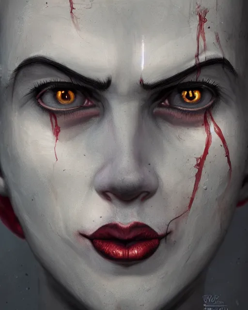 Prompt: centered detailed portrait of a sad clown identical eyes, fantasy, illustration, slender symmetrical face and body, artstation, cinematic lighting, hyperdetailed, cgsociety, 8 k, high resolution, charlie bowater, tom bagshaw, single face, insanely detailed and intricate, octane render, dark fractal background, vfx, postprocessing, featured on artstation, well - rendered