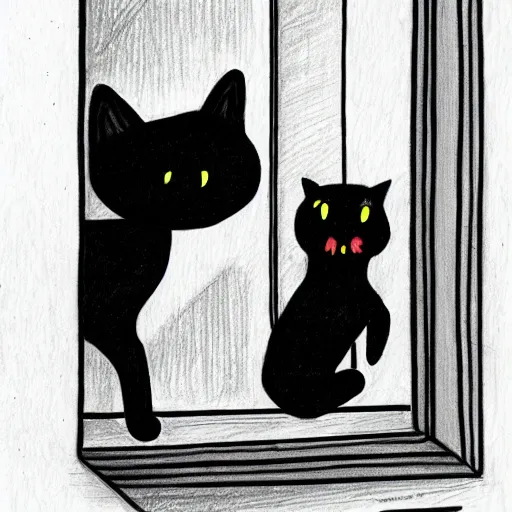 Prompt: a drawing of a black cat clinging to a white door frame about to pounce on a passing human, hyper eyes