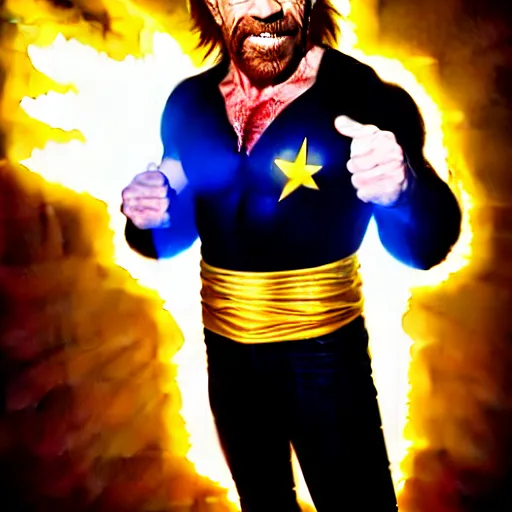 Image similar to uhd candid photo of cosmic chuck norris as a super sayian powering up, glowing, global illumination, studio lighting, radiant light, detailed, correct face, elaborate intricate costume. photo by annie leibowitz