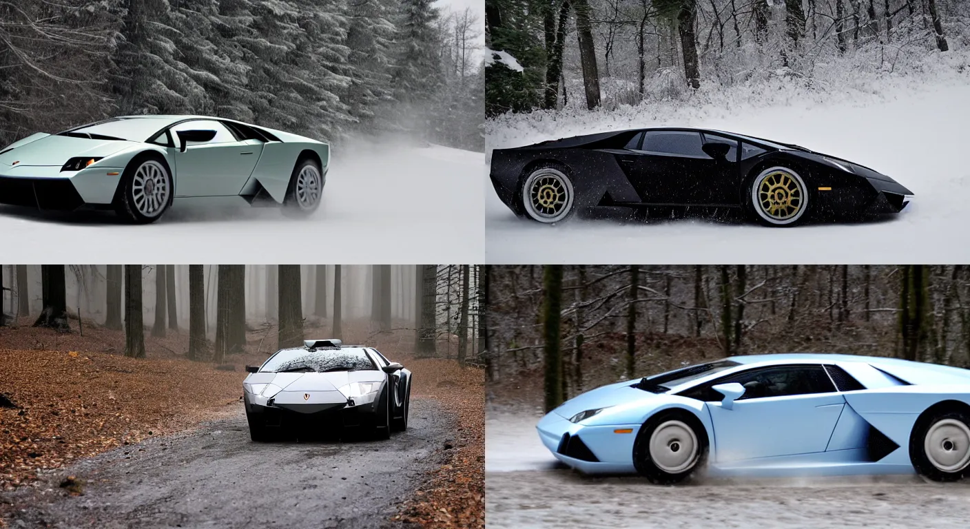 Prompt: a 2 0 0 8 lamborghini reventon, racing through a rally stage in a snowy forest