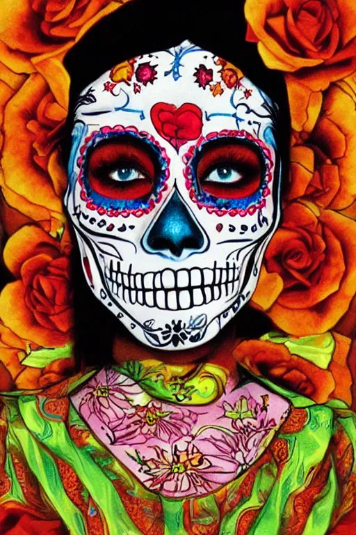 Prompt: illustration of a sugar skull day of the dead girl, art by steve mccurry