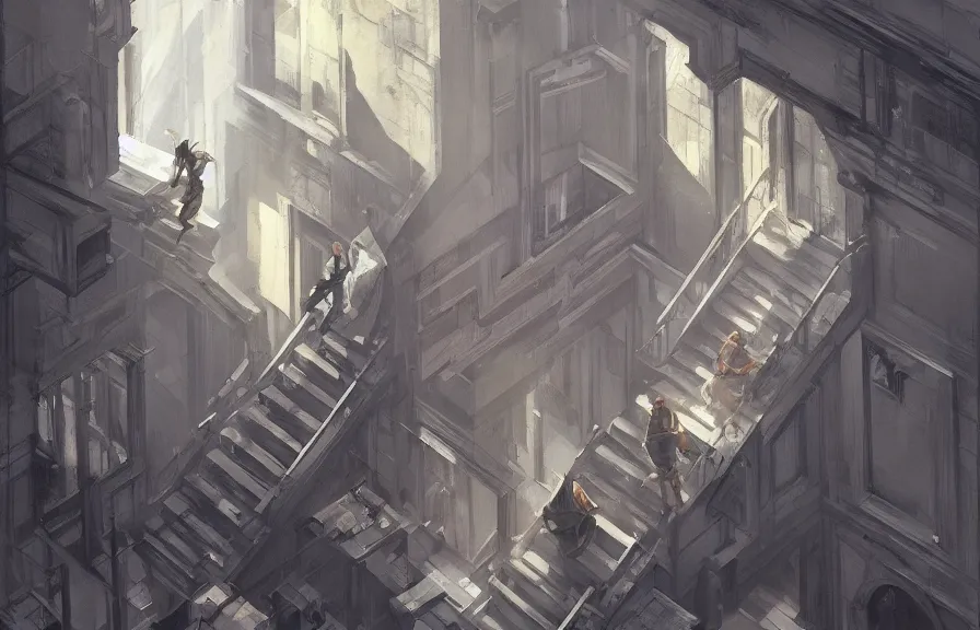 Prompt: greg manchess concept art of a the escher stairs dimension, key visual, ambient lighting, highly detailed, digital painting, artstation, concept art, sharp focus, by makoto shinkai and akihiko yoshida and hidari and wlop and greg rutkowski