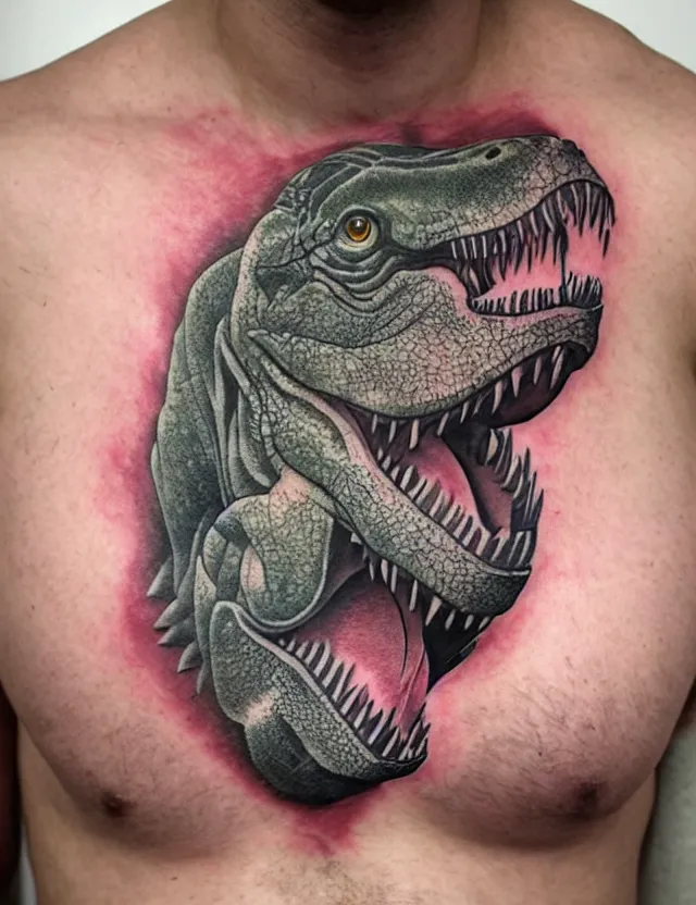 Prompt: a neotradtional style tattoo of a baby t - rex dinosaur head on the chest by brando chiesa, yeray perez and juan david rendon