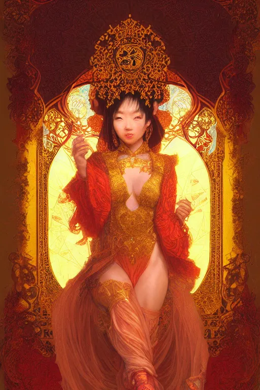 Image similar to tarot card artstation, portrait of an asian love dancer, sunrise, baroque ornamnet and rococo ornament, ancient chinese ornate, hyperdetailed, beautiful lighting, craig mullins, mucha, klimt, yoshitaka amano, red and gold and orange color palatte