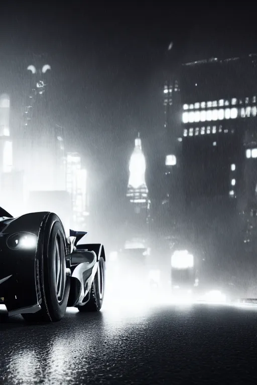 Image similar to the batmobile driving through gotham city at night. fluorescent light. pov from behind the wheel. octane render. 8 k. monochrome. black and white. mist. atmospheric. cinematic. hdr, raytracing, global illumination. a matte painting by ash thorp.