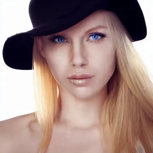 Image similar to a very beautiful still of a beautiful white blonde - haired woman with a pony tail and leaning her hat slightly backwards, golden hour, lascivious look into the camera, front shot very close - up hyper detailed eyes, hyper detailed hair