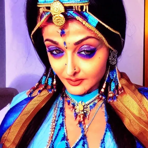 Image similar to aishwarya rai as a blue - skinned indian goddess with six arms, symmetric, aesthetic!!!, cosplay, studio lighting, beautiful symmetric face, clean composition, highly symmetric body parts, gazing eyes, blue skin, blue body paint