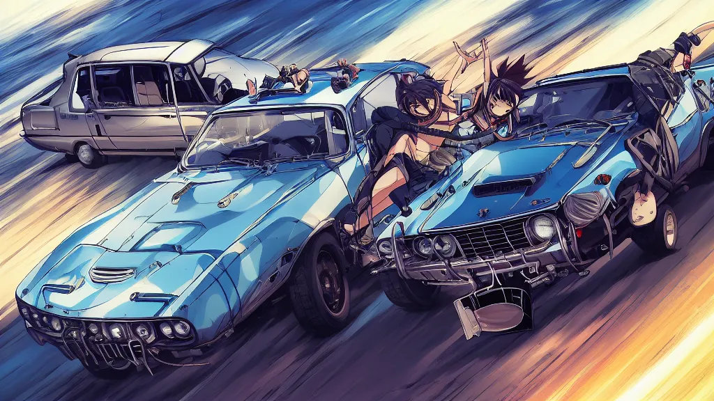 Image similar to anime illustration of mad max's fj 4 0 pursuit special, the last v 8 interceptor driving down to the gates of valhalla highway, riding fury road eternal shiny and chrome, world of fire and blood, by makoto shinkai, ilya kuvshinov, lois van baarle, rossdraws, basquiat, global illumination ray tracing hdr