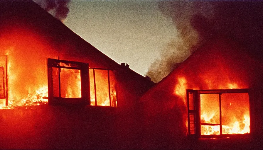 Prompt: 1 9 7 0 s movie still of a heavy burning house windows in a small french village by night, cinestill 8 0 0 t 3 5 mm, heavy grain, high quality, high detail, dramatic light, anamorphic, flares