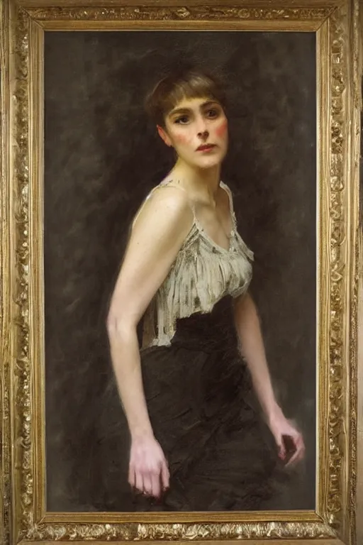 Image similar to Solomon Joseph Solomon and Richard Schmid and Jeremy Lipking victorian genre painting full length portrait painting of a young beautiful woman victorian rich dancer