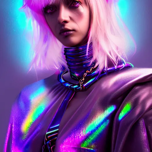 Image similar to hyperdetailed portrait of a stunningly beautiful cyberpunk british girl androgynous wizard guard made of iridescent metals and shiny purple gems, bright rainbow nimbus, led necklace, trash background inspired by ross tran and masamune shirow and kuvshinov, concept art, intricate, photorealistic, octane render, rtx, hdr, unreal engine, dnd digital art by artgerm