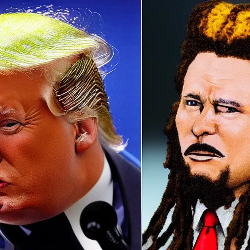 Image similar to Donald Trump with rasta hairstyle, realistic, ultra detailed
