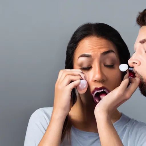 Prompt: Stock photo of a woman terrorizing her boyfriend to pop his pimples, photoshoot, realistic