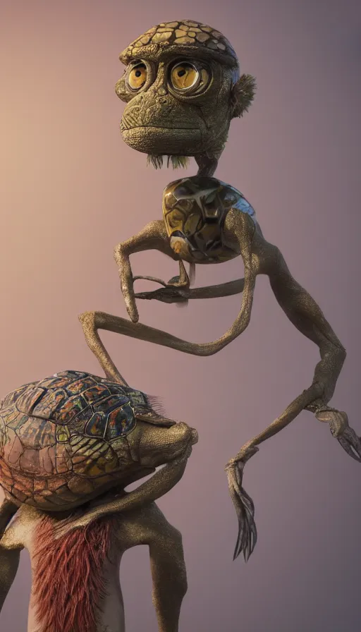 Prompt: a smartly dressed strange bird turtle giraffe chimp chimera creature with scales feathers fins on a lush fertile alien planet, in the style of shaun tan, sam shearon, dr seuss, leng jun, max ernst, surreal, close up, fantastic, wonderful, science fiction, dramatic studio lighting, atmospheric, national geographic, 3 d sculpture 8 k octane render