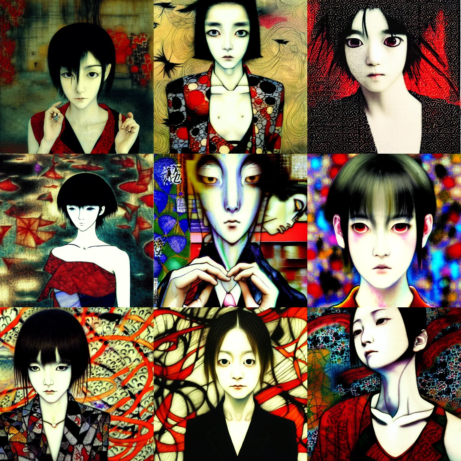 Prompt: yoshitaka amano blurred and dreamy realistic portrait of a young woman with short hair and black eyes wearing dress suit with tie, junji ito abstract patterns in the background, satoshi kon anime, noisy film grain effect, highly detailed, renaissance oil painting, weird camera angle, blurred lost edges