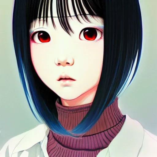 Image similar to beautiful pure evil teenager korean lain, cute but erratic haircut, with hundreds of network cables, neatly coming out of her head, a part of her face panel is showing, she is in pure bliss, chaos, bizarre, strange, portrait, painting, beautiful, detailed symmetrical close up portrait, intricate complexity, in the style ilya kuvshinov