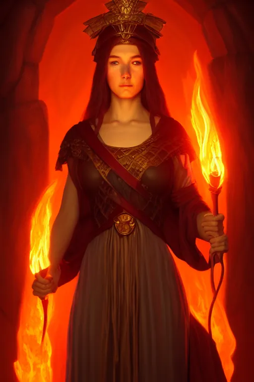 Image similar to a portrait of the goddess of magma, lava, fire, illustration, soft lighting, soft details, dark mood, painting oil on canvas by Edmund Blair Leighton and Charlie Bowater octane render trending on artstation d&d characters, 4k, 8k, HD
