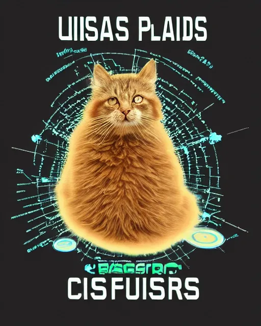 Image similar to highly detailed high resolution stacked plot of radio emissions from a pulsar, constructing a fluffy cat isolated on black, silk screen t-shirt design 4K