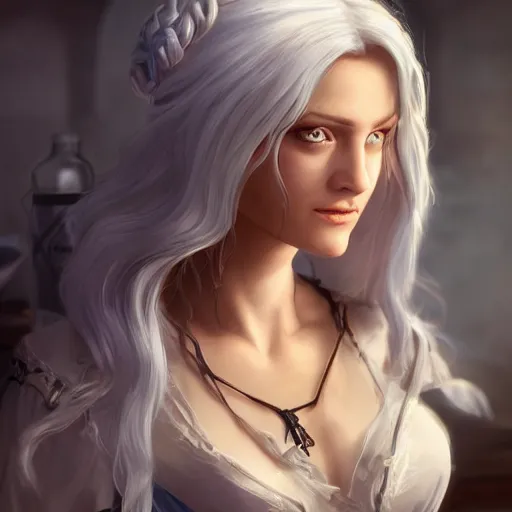 Prompt: a beautiful medieval barmaid with blue eyes and long white hair, trending on artstation, cinematic composition, detailed, hd, digital art, realistic