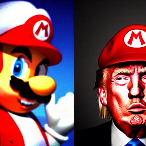 Image similar to uhd candid photo of hyperdetailed photorealistic donald trump dressed as super mario. correct face, cinematic lighting, photo by annie leibowitz, and steve mccurry.