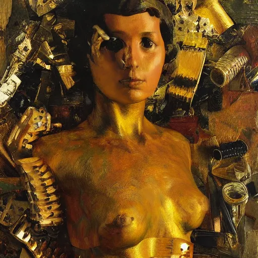 Image similar to a sculpture portrait made of fabric and screws and slides and gold, painting part by wojciech siudmak, part by ilya repin, part by max ernst, part by norman rockwell, artstation