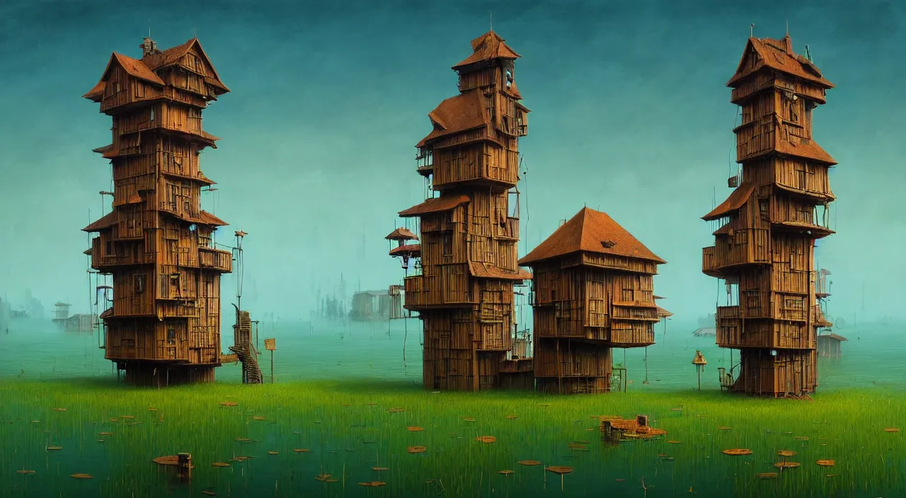 Prompt: single flooded simple wooden tower, very coherent and colorful high contrast ultradetailed photorealistic masterpiece by gediminas pranckevicius dean ellis franz sedlacek simon stalenhag, dark shadows, sunny day, hard lighting