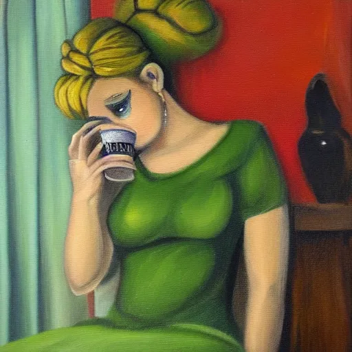 Prompt: detailed oil painting of gothic Tinkerbell in short green dress hungover drinking coffee