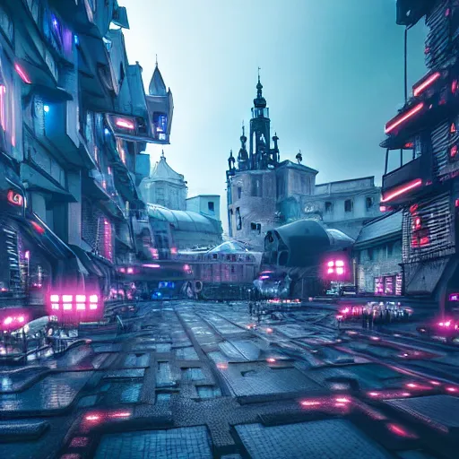 Prompt: Futuristic Cyberpunk Cracow town Poland from future star wars, dramatic lighting , insanely detailed, art station, 8K HD resolution , dramatic lighting, thunders