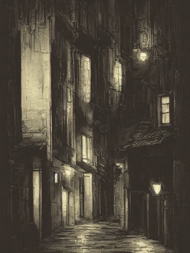 Prompt: a nightscene with a dark alley at the end an illuminated door in the style of hiromasa ogura