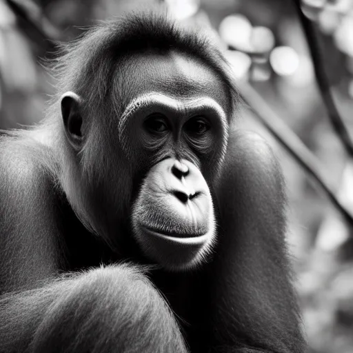 Image similar to Orangutan, monkey looking like Joe Biden, grey scale face, intricate, wild, highly detailed, hybrid animal, looking like human, sharp focus