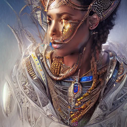 Image similar to HDR portrait photography of The Benevolent Cyborg Queen vertically mirrored above The Evil Cyborg King, ethnic, fantasy, intricate, elegant, highly detailed, African, Egyptian, Aztec, Mayan, digital painting, artstation, HDR photo, smooth, sharp focus, illustration, art by artgerm and greg rutkowski and alphonse mucha