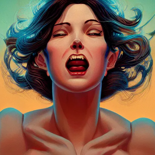 Image similar to wide open wife mouth, close - up, defiant, pin - up, light effect, hyper detailed, intricate, elegant, highly detailed, digital painting, artstation, concept art, matte, sharp focus, illustration, by dan mumford, yusuke murata, makoto shinkai, ross tran