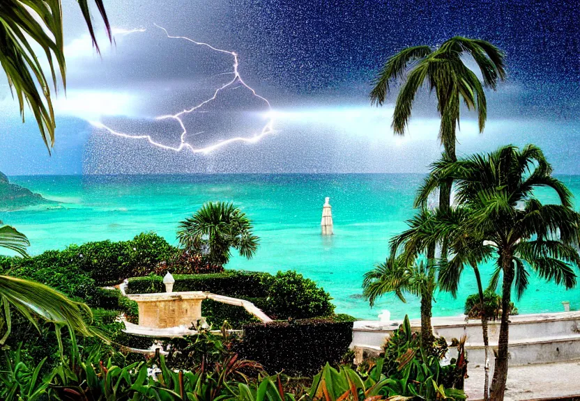 Image similar to Palace of the chalice, refracted sparkles, motion blur, accidental pic, thunderstorm, greek pool, beach and Tropical vegetation on the background major arcana sky, 2005 blog, dslr camera IMG_4016