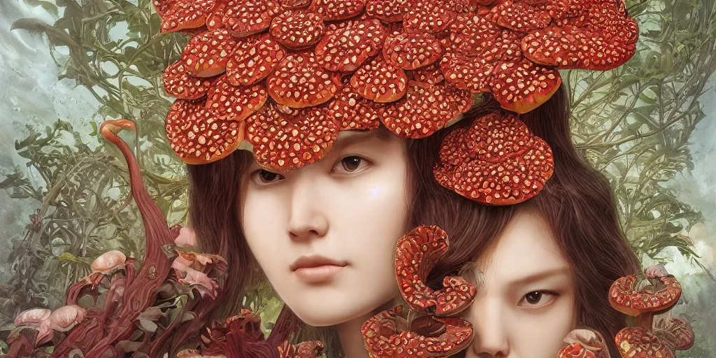 Image similar to breathtaking detailed concept art painting of the goddess of rafflesia arnoldii flowers, orthodox saint, with anxious, piercing eyes, ornate background, amalgamation of leaves and flowers, by Hsiao-Ron Cheng, James jean, Miho Hirano, Hayao Miyazaki, extremely moody lighting, 8K