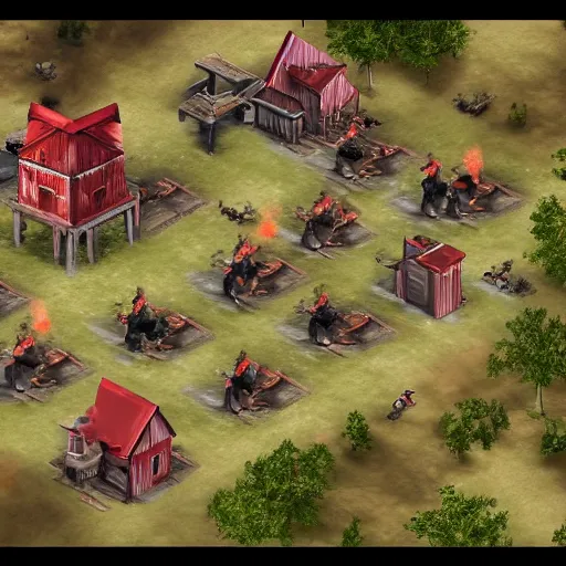 Image similar to Red Read Redemption 2 as an isometric real time strategy game from 2008, in game screenshot
