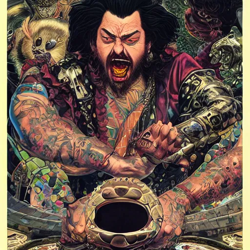 Image similar to portrait of crazy post malone punching, symmetrical, by yoichi hatakenaka, masamune shirow, josan gonzales and dan mumford, ayami kojima, takato yamamoto, barclay shaw, karol bak, yukito kishiro