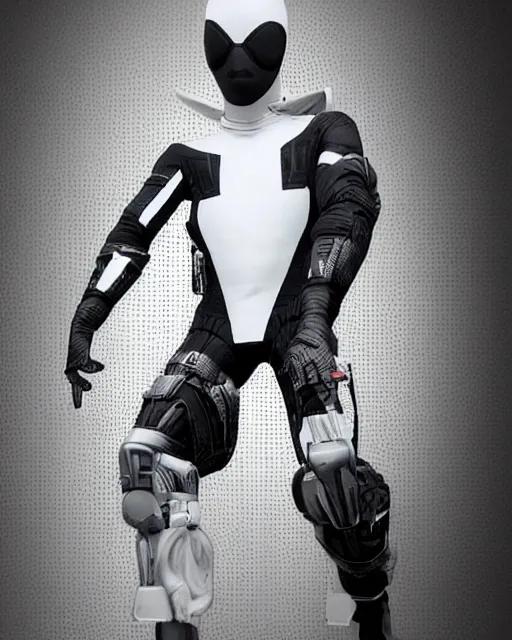 Image similar to black and white cyberpunk spiderman suit sleek greeble suit