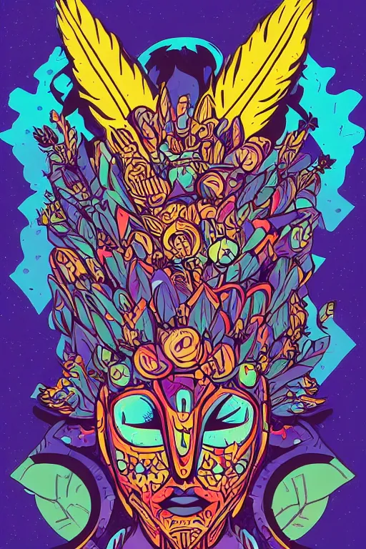 Image similar to animal mask totem roots flower tribal feather gemstone plant wood rock shaman vodoo video game vector cutout illustration vivid multicolor borderlands comics by josan gonzales and dan mumford radiating a glowing aura