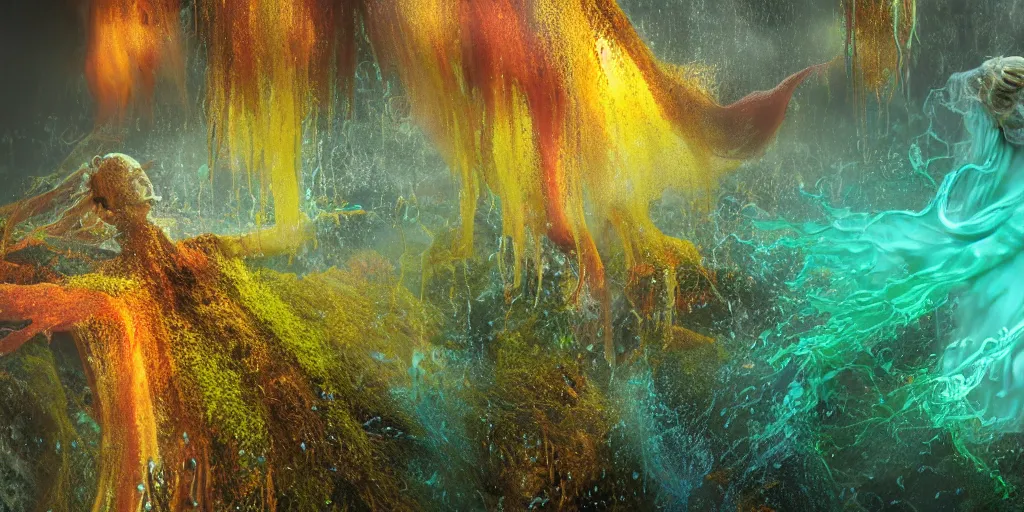 Image similar to Photorealistic picture of a levitating floating glossy wet fungus angel with arms outstretched, made from colorful wet fungus tendrils. a gentle rising mist, an epic rocky landscape. occult photorealism, UHD, amazing depth, glowing, golden ratio, 3D octane cycle unreal engine 5, volumetric lighting, cinematic lighting, cgstation artstation concept art