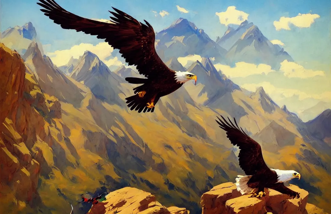 Image similar to greg manchess painting of eagle hunter sitting on the background of mountains in kyrgyzstan, medium shot, asymmetrical, organic painting, sunny day, matte painting, bold shapes, hard edges, street art, trending on artstation, by huang guangjian and gil elvgren and sachin teng
