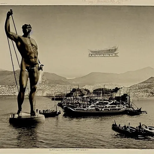 Prompt: the colossus of rhodes statue standing above the greek harbor with boats going through its legs black and white dali picture front view