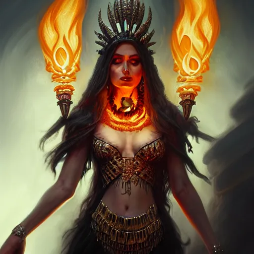 Image similar to Closeup of realistic Sumerian Death Queen with small bones covering vest and flowing fire and smoke , fantasy, intricate, elegant, highly detailed, digital painting, artstation, concept art, matte, sharp focus, illustration, hearthstone, art by Artgerm and Greg Rutkowski and peter mordenbacher