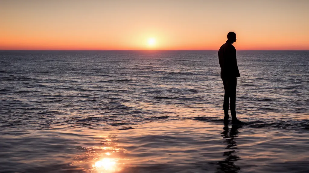 Image similar to a dramatic movie still of a man standing on the roof of a car driving through the ocean at sunset, golden hour